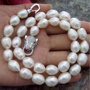 9-10mm South Sea Natural White Pearl Necklace Leopard Head Clasp New 18inch