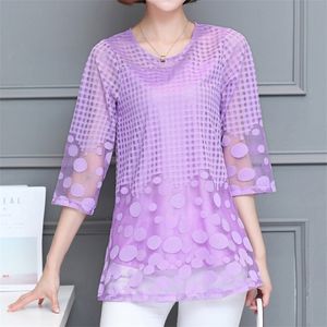 Kobiety Summer Blouses koszulka szyfonowa damskie szczyty moda mody mujer plus rozmiar m-5xl białe różowe fioletowe koronkowe bluzki 11e 210308