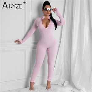패션 여성 핑크색 복장 jumpsuit 긴 소매 지퍼 조절 섹시한 bodysuit 파티 야간 운동 jumpsuit 레이디 210326