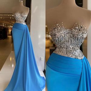 2022 Elegant Blå Sequined Mermaid Evening Dresses Crystal Beaded Sweetheart Formell Prom Lacks Custom Made Plus Size Pagant Wear Party Dress B0413