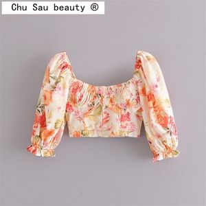 Chu Sau beauty Women Summer Shirt Top Casual Holiday Square Collar Puff Sleeve Floral Short Cropped Navel Crop Tops Womam Blouse 210308