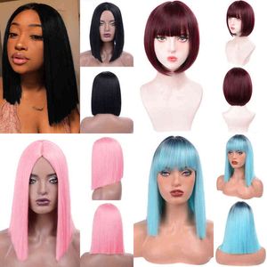 Aidable Synthetic Short Wigs with Bangs Straight Bob for Women Pink Red Black Lolita Cosplay Party Heat Resistant Wig 220622