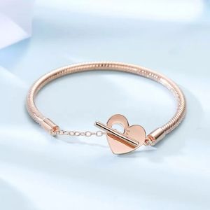 Rose Color Moments Heart T-Bar Snake Chain Bracelets 925 sterling Silver Bracelets Women Charm Beads sets for pandora with logo ale Bangle birthday Gift 589285C00