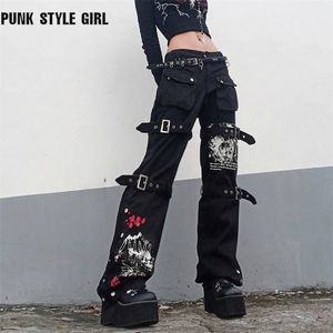 Gothic Emo Alt Cargo Techwear Hippie workowane dżinsy mama gotycka punkowa czarne dżinsowe spodnie cyber y2k spodnie akademickie ciemne ubrania 220727