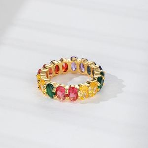 Bröllopsringar 14kt guldpläterad flerfärgad oval CZ Gemstone Cubic Zirconia Band Ring Women's Colorful Engagement Wholesale Jewelry Siz 6-10 W