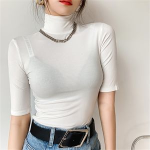 기본 코튼 티셔츠 여성 터틀넥 슬림 티셔츠 짧은 소매 티셔츠 여성 캐주얼 탄성 흰색 티셔츠 Femme 여성 톱 220411