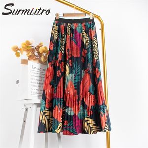 SURMIITRO Blumendruck Chiffon Maxirock Frauen mit hoher Taille Frühling Sommer Damen Rot Schwarz Langer Faltenrock Weiblich 210306