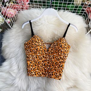 New fashion design women's summer spaghetti strap flowers print padded bustier short high waist crop top vest tank camisole