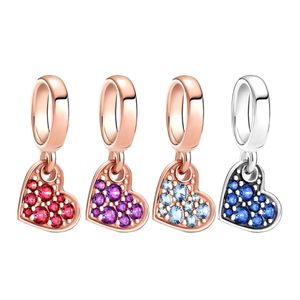 Authentic 925 Sterling Silver Beads Stellar Blue Pavè Tilted Heart Dangle Charms Fits European Pandora Style Jewelry Bracelets & Necklace DIY Gift For Women 799404C01
