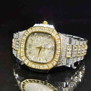 Missfox Large Square Diamond Men Watch Gold and sier Iced Out Classic Style Timer Calendar Man Watch Fashion Bilngbling Hot