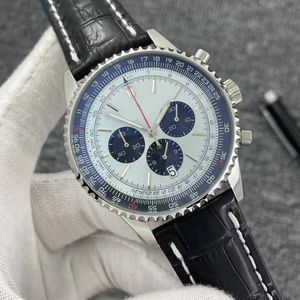 46mm kvalitet B01 Navitimer Chronograph Quartz Movement Steel Ice Black Blue Dial 50th Anniversary Men Titta på läderremmen Mens