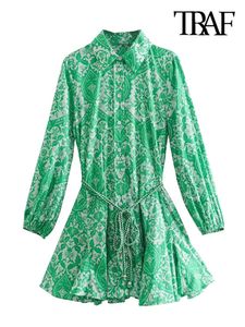 Traf Women Fashion with Belt Printed Ruffled Green Mini Dress Vintage Long Sleeve Button Up Female Dresses Vestidos Mujer 220713