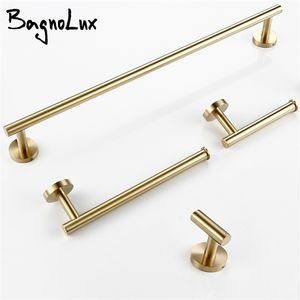 Wall Mounted Hand Bar Brushed Gold Stainless Steel Round Toilet Paper Holder Robe Towel Hooks Bathroom Accessories Kit 220812