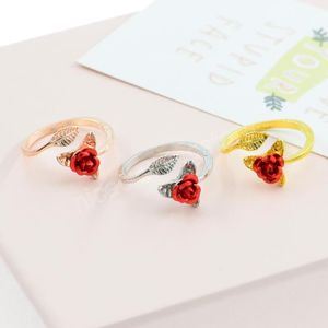 Red Rose Garden Flower Leaves Resizable Gold Finger Ring For Women Jewelry Open Rings Wedding Engagement Gift
