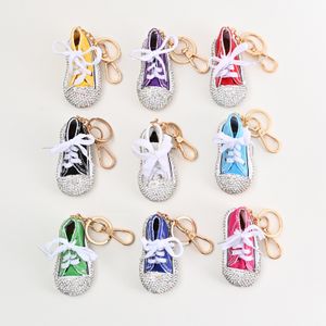 Rhinestone tuval ayakkabıları anahtarlıklar halkalar erkekler kadın araba anahtarları tutucu takı aksesuarları moda tasarım kolye anahtar zincirleri kızlar için sevimli çanta cazibesi bibretler hediye