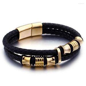 Link Chain Men s Fashion Retro Double Braided Leather Gold Color Black Steel Ring Magnetic Clasp Bracelet Jewelry Gift Trum22
