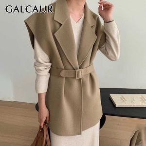 Galcaur vintage gęsty płaszcz dla kobiet V Szyjka bez rękawów High Talle Lace Up Loose Khaki Coats żeńsko -jesienne eleganckie ubranie 201031