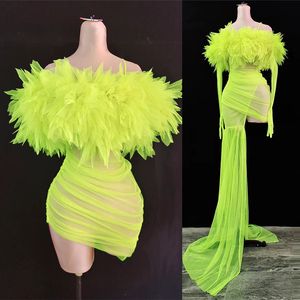 Fluorescent Green Off Shoulder Transparent Trailing Dress Stage Wear Women Singer Concert Catwalk Party Nightclub Show Costume