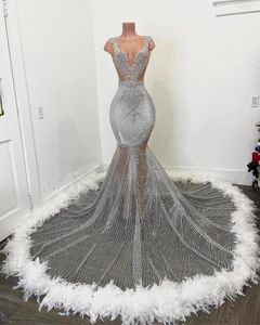 Afrcian Silver Mermaid Feathers Prom Dresses For Women Party 2022 Abiti da sera con paillettes in pizzo Black Girls robe de soir￩e