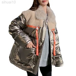 Jacket Shiny Women Winter Lamb Wool Patchwork Letter Long Zipper Pocket Thick Warm Casual Female Coat Fashion Parkas 2022 L220730