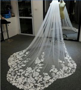 Long Bridal Veil 1 Tier Wedding Veil med Comb White Ivory Cathedral Lace Appliques Scalloped for Bride Accessories 300cm