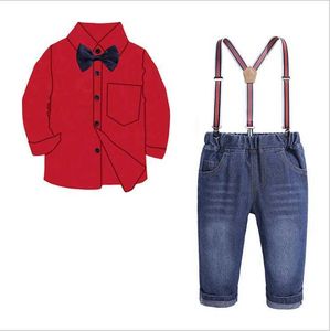 Clothing Autumn Set Boys Gentleman Suit Kids Long Sleeve Bow Tie Plaid Shirt Straps Jeans Pant Children Outfits45pu