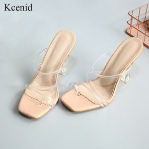 Kcenid transparent strappy jelly shoes square toe high heels sandal clear heel summer slippers flip flops for women Y200423