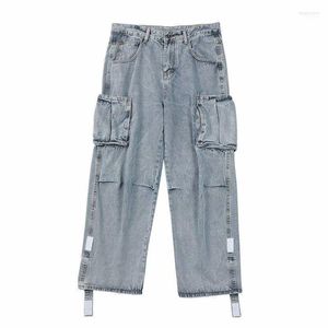Men's Pants Men Jeans Wide Leg Denim Side Pockets Loose Straight Baggy Male Cargo Streetwear Skateboard Hip Hop Casual Trousers
