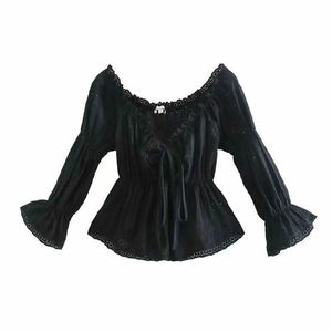 Kobiety Upraw Top Hollow Haftry Lace Off-the-Shood Długie rękawy Vintage Elegancka Kobieta Bluzka Femme Mujer Blusas 210709