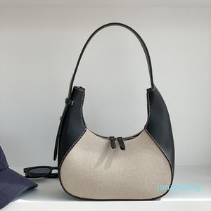 HBP-Summer Canvas Pu Leather Stitching Women's Hobos Shoulder Bag Double Zipper Half Moon Armpit Casual Handbag