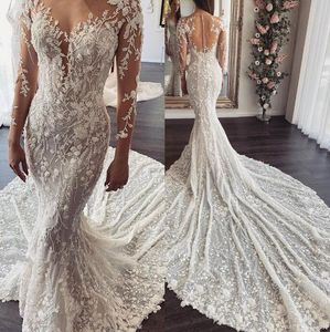 New Dubai Africano Maniche Lunghe Sirena Cappella Treno Abiti da sposa Illusion Skin Tulle Applicazioni di pizzo Abiti da sposa con perline Robe De Mariee