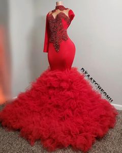 2022 Arabic Aso Ebi Red Prom Formal Dresses with Long Sleeve Lace Beaded Ruffles Skirt Tutu Mermaid African Black Girl Evening Dress