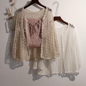 Damenblusen, Hemden, aushöhlen, Kimono-Cardigan, Sommer, langärmelig, gestrickt, für Damen, Boho, Strand, Beige, Weiß, Top, koreanischer Stil