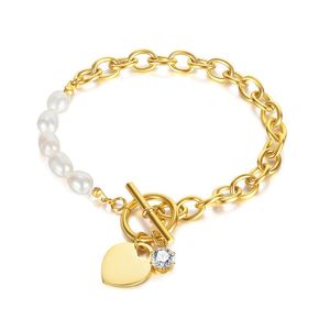 Link Chain Silver /Gold Heart Charm Bracelet Crystals Pearl Stainless Steel Bling Jewelry For Women Girls 8.5 InchLink