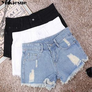 Mode kvinnor sommar rippade hål denim shorts jeans hög midja avslappnad sexig push up mager 210608