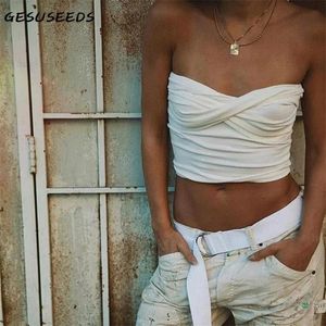 Summer Crop Top Women Strapless s Sexy Tube Sleeveless Backless s Elegant Knit Tanks Camis White Pink Beige 220316