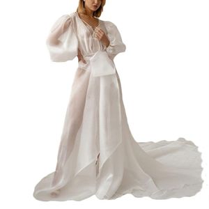 Gravid Lady Prom klänningar Baby Shower Robe Tulle White Sheer Puffy Sleeve Lingerie Robes Golvlängd Foto Shoot Brudklänning