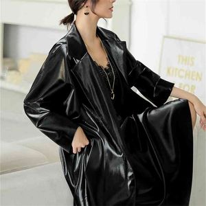 Nerazzurri Autumn Long Oversized Shiny Patent Leather Trench Coat for Women Spring Belt Waterproof Raincoat Korean Fashion 210908