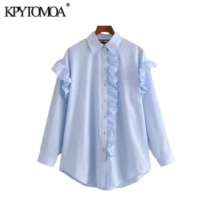 KPYTOMOA Kobiety Vintage Fashion Office noszą potargane bluzki długie rękawe perełki Pearl Koszulki Blusas Mujer Chic Tops 210401