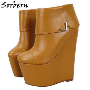 Sorbern Brown Wedges 짧은 부티 두꺼운 플랫폼 턴 위로 숙녀 높은 뒤꿈치 신발 여성용 2021 맞춤형 색상