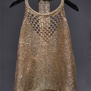 Sommar Sexig Hollow Out Stickade Camis Kvinnor Glänsande Bling Sequined Tanks Tops Sequins Gold 220318