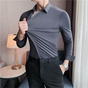 High Elasticity Seamless Men's Shirt Long Sleeve Slim Casual Shirt Solid Color Business Formal Dress Shirts Social Party Blouse 220401