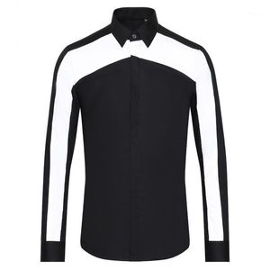 White Splicing Black Luxury Long Sleeve Casual Mens Dress High Quality Slim Fit Male Shirts 3XL Men's