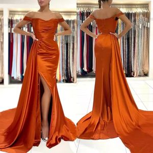 Off Shoulder Split Side High Sexy Orange Prom Dresses 2022 Cap Sleeve Plus Size Couple Maid of Honor Dress Evening Gowns BC11177