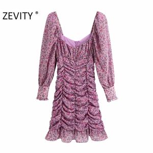 Zevity Women Fashion Square Collar Flower Printed Mini Dress Lady Puff SleeveカジュアルスリムベスティドスシックドレスDS4526 210303