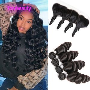 Perurvian 100% Human Hair Loose Wave Bundles With 13*4 Lace Frontal 5 PCS Curly Yirubeauty Natural Color Free Part