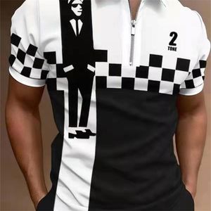 Рубашка мода полосатые лоскутные вершины с коротким рукавом для мужчин повседневный воротник на молнии рубашки для половых рубашек летние мужчины Slim Polo 220608