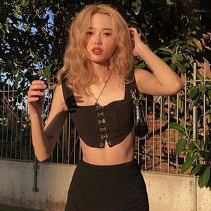 Kadın Goth Siyah Kırpılmış Üstleri Vintage Bodycon Seksi Tank Top E Kız Punk Rahat Yaz Temel Tankları Streetwear Kadın T-shirt