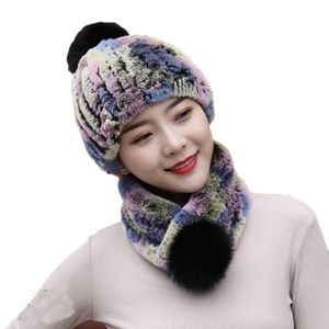 Cappelli invernali Set di sciarpa Set Women Real Rex Rabbit Fur Base Cap Fluffy High Elastic