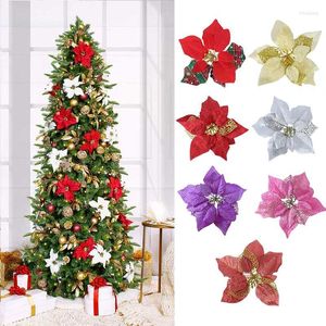 Christmas Decorations 3/6pcs 22cm Large Flowers Glitter Poinsettia Flower Xmas Tree Decoration For Home DIY Wreath Accessories Year